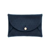 Navy leather Pouch Wallet with decorative perforation and brass hardware.