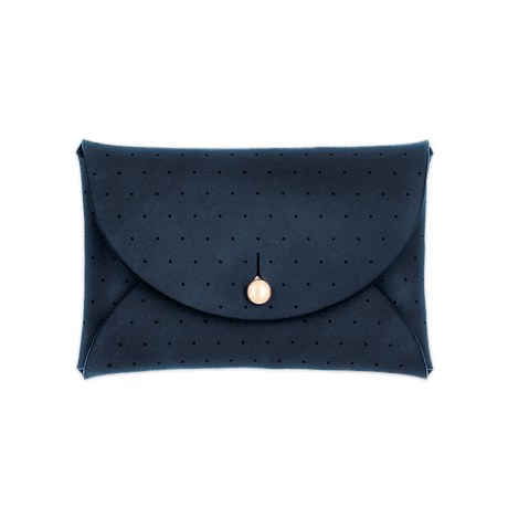 Navy leather Pouch Wallet with decorative perforation and brass hardware.