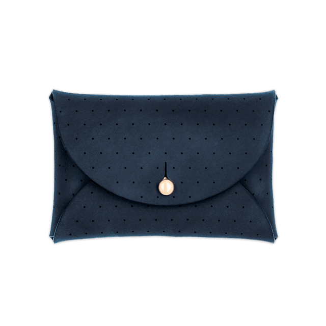 Navy leather Pouch Wallet with decorative perforation and brass hardware.