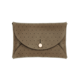 Olive leather Pouch Wallet with decorative perforation and brass hardware.