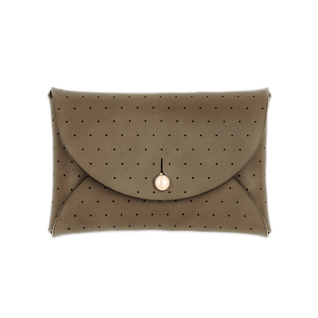 Olive leather Pouch Wallet with decorative perforation and brass hardware.