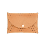 Tan leather Pouch Wallet with decorative perforation and brass hardware.