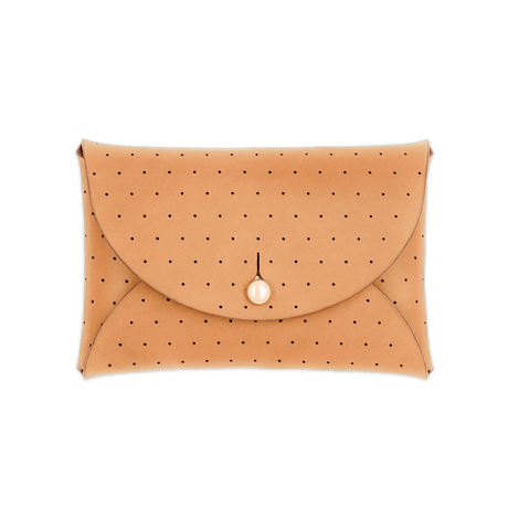 Tan leather Pouch Wallet with decorative perforation and brass hardware.