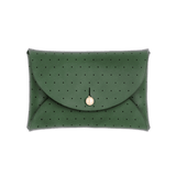 Green leather Pouch Wallet with decorative perforation and brass hardware.