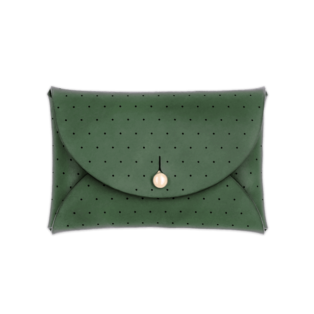 Green leather Pouch Wallet with decorative perforation and brass hardware.