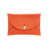 Orange leather Pouch Wallet with decorative perforation and brass hardware.