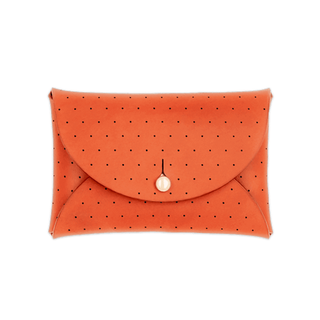 Orange leather Pouch Wallet with decorative perforation and brass hardware.