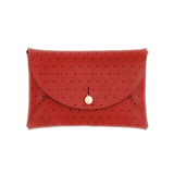 Red leather Pouch Wallet with decorative perforation and brass hardware.