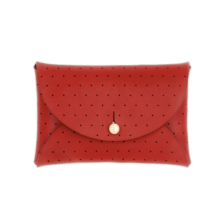 Red leather Pouch Wallet with decorative perforation and brass hardware.