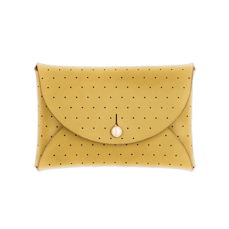 Yellow leather Pouch Wallet with decorative perforation and brass hardware.