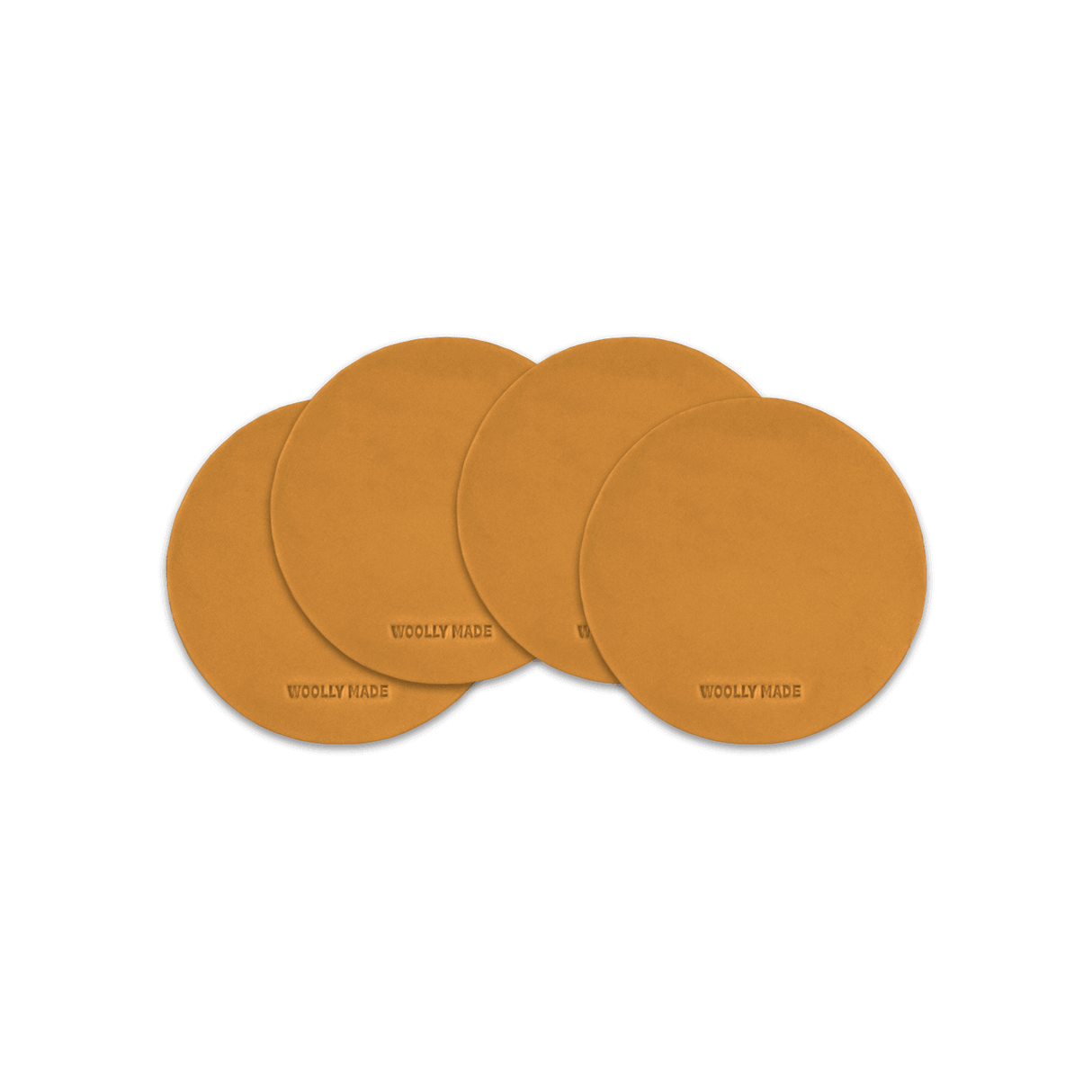 Orange leather round coaster set with hand-pressed Woolly Made logo spread out.