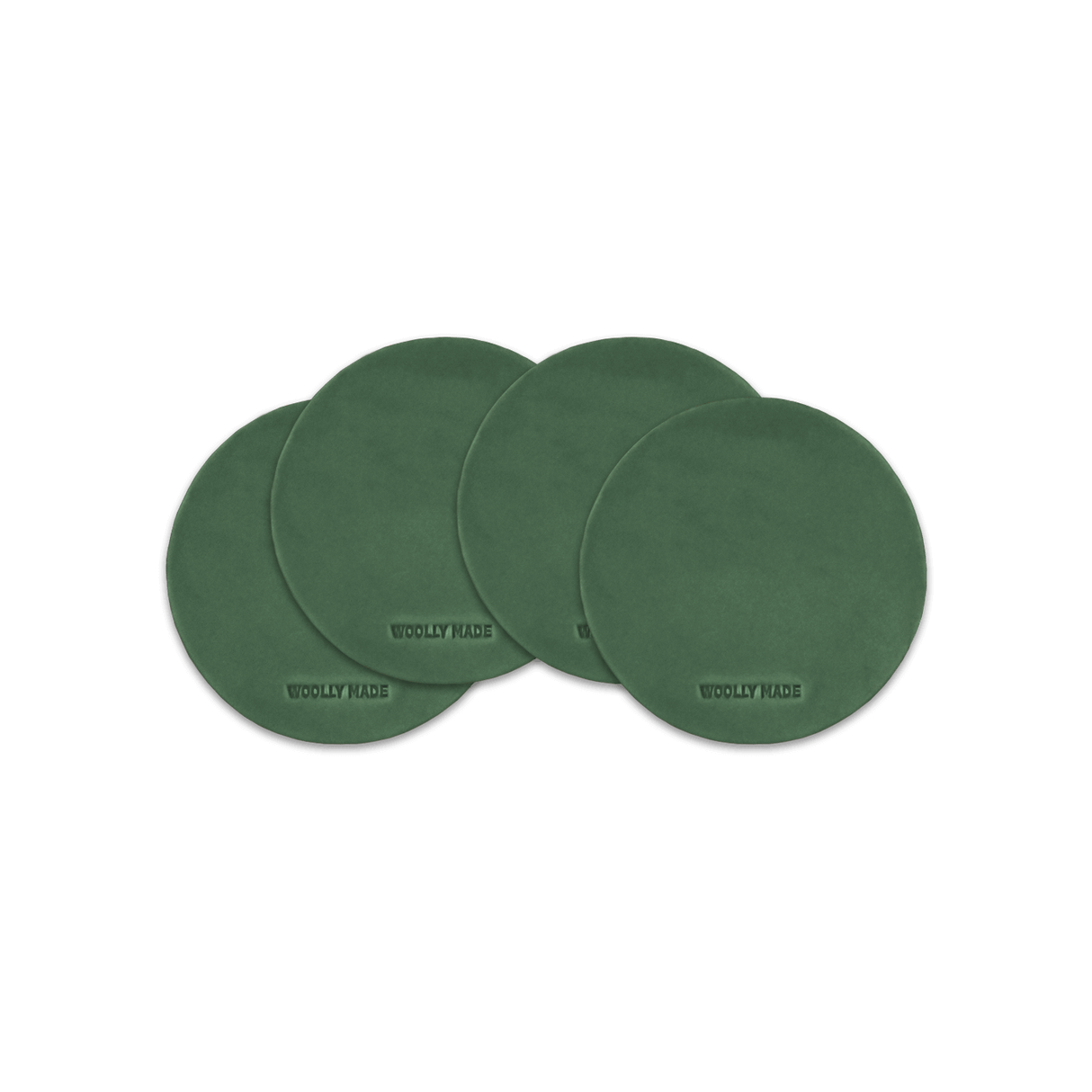 Green leather round coaster set with hand-pressed Woolly Made logo spread out.