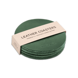 Green leather round coaster set with hand-pressed Woolly Made logo stacked.