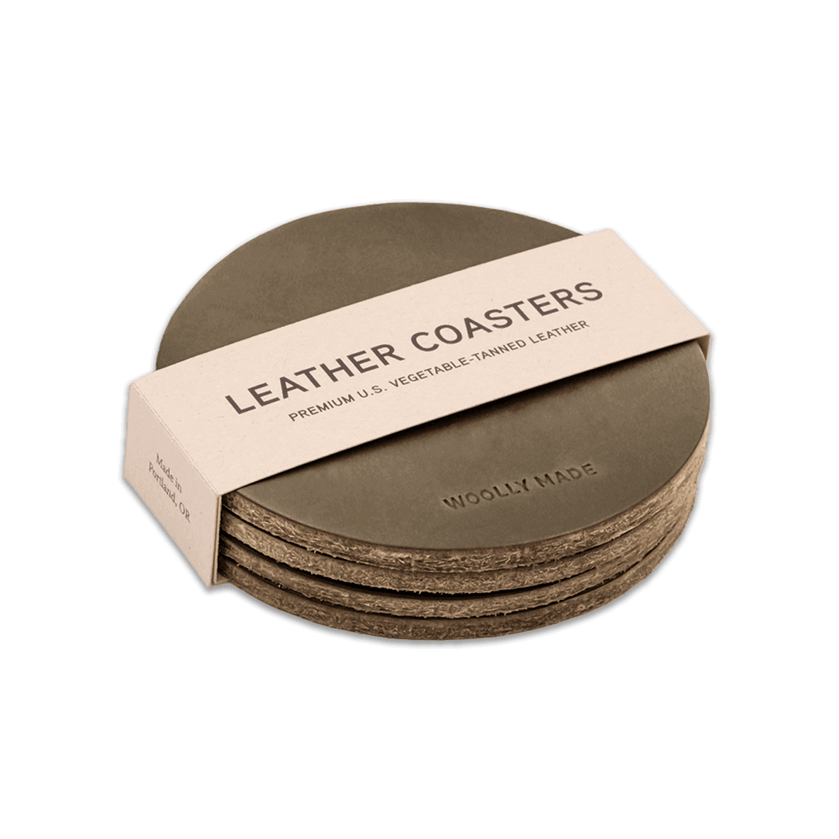 Olive leather round coaster set with hand-pressed Woolly Made logo stacked.