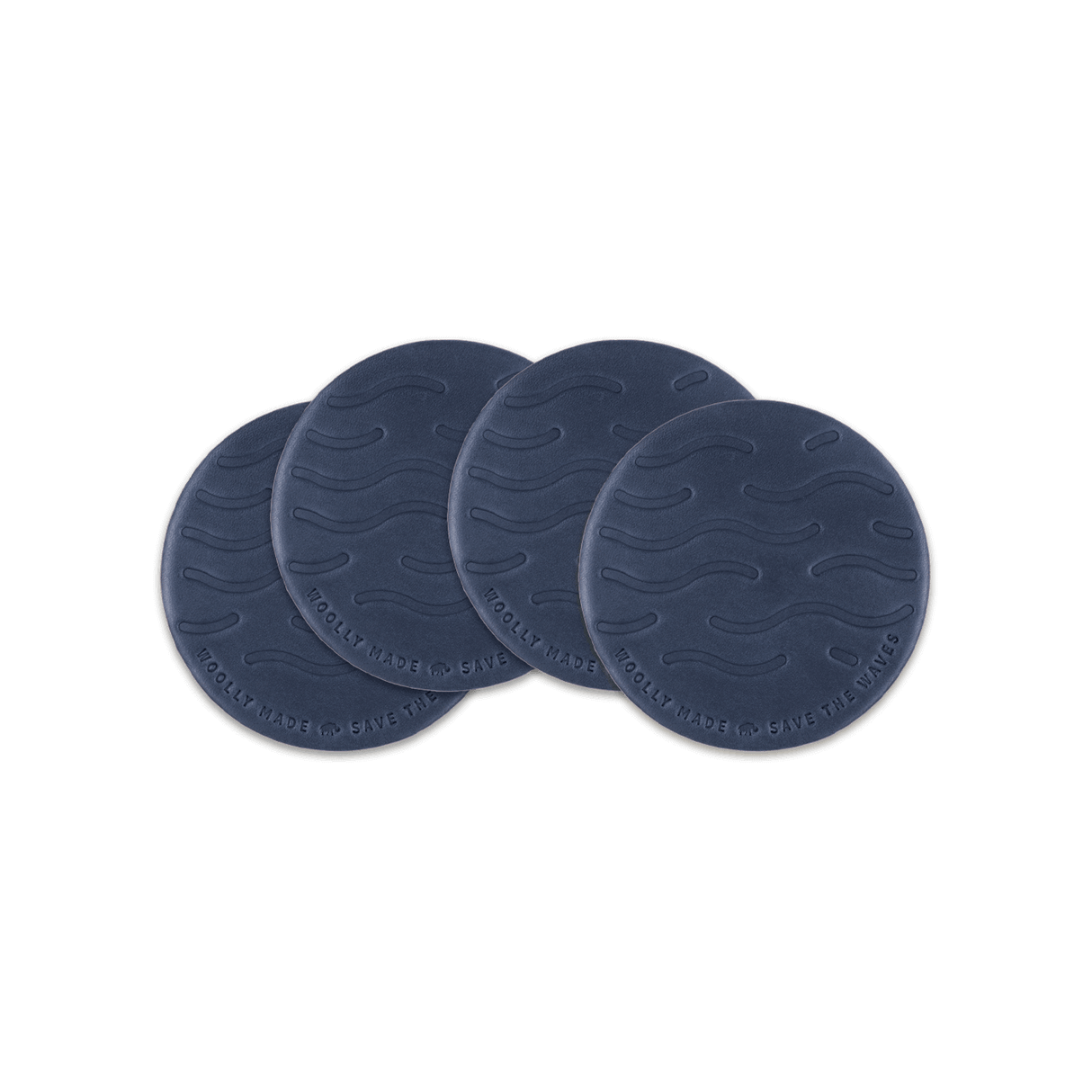 Save the Waves blue leather round coasters,spread, hand-pressed wave design, Woolly Made logo.