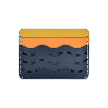 Yellow, orange, navy leather, wave pocket, etched Save the Waves text.