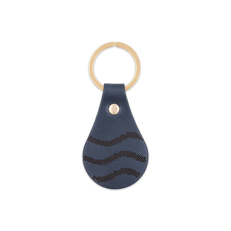 Save the Waves navy leather Tab Keychain, perforated wave design, brass hardware.