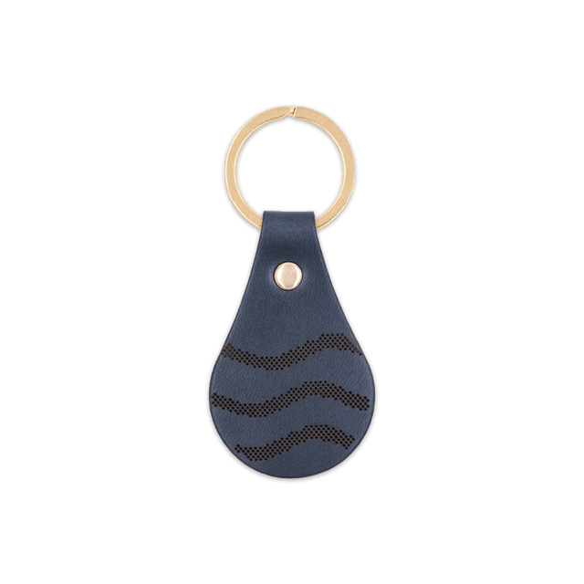 Save the Waves navy leather Tab Keychain, perforated wave design, brass hardware.