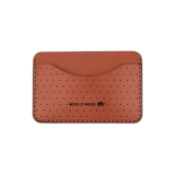 Brown leather Slim Wallet with decorative perforation and etched Woolly Made logo.