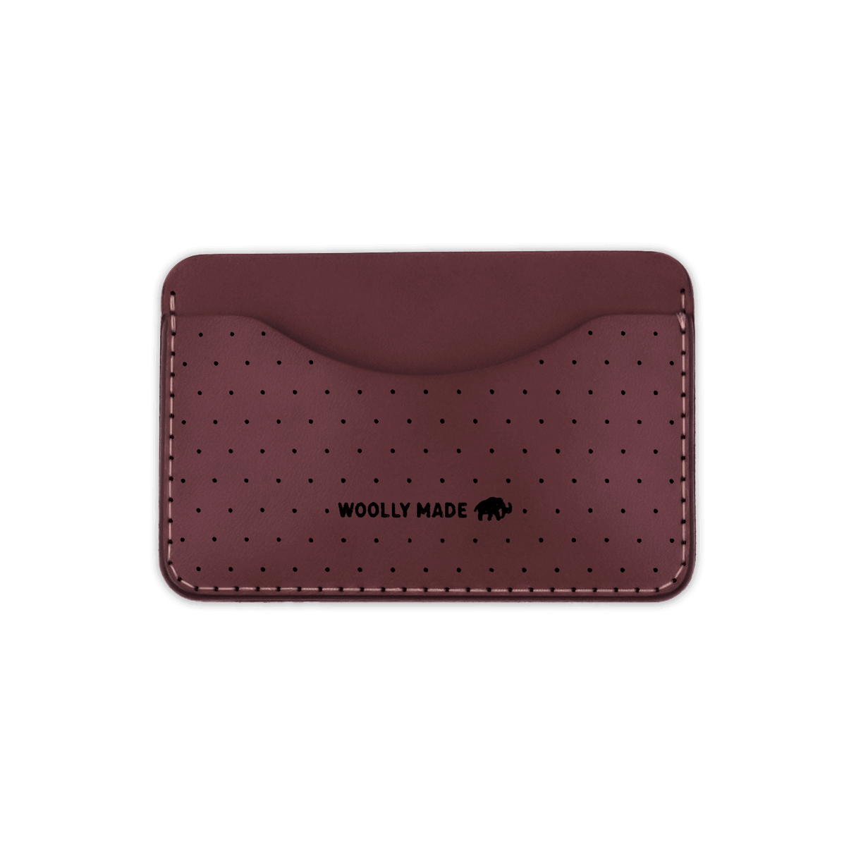 Burgundy leather Slim Wallet with decorative perforation and etched Woolly Made logo.