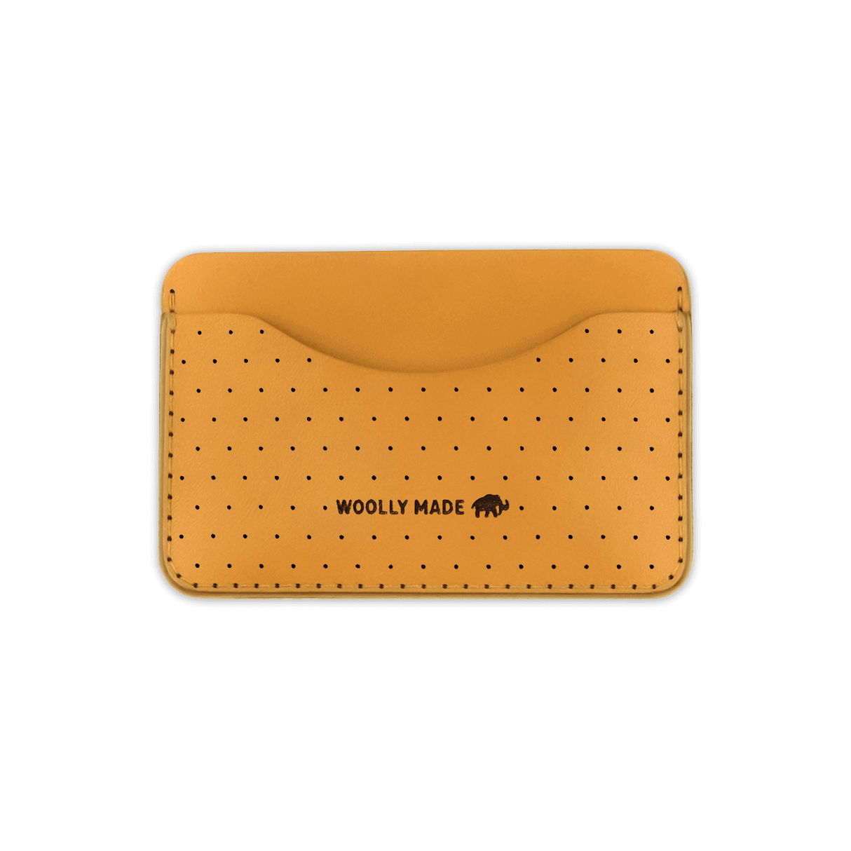 Gold leather Slim Wallet with decorative perforation and etched Woolly Made logo.