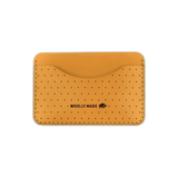 Gold leather Slim Wallet with decorative perforation and etched Woolly Made logo.