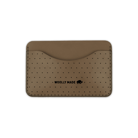 Olive leather Slim Wallet with decorative perforation and etched Woolly Made logo.