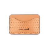 Tan leather Slim Wallet with decorative perforation and etched Woolly Made logo.