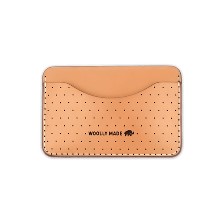 Tan leather Slim Wallet with decorative perforation and etched Woolly Made logo.