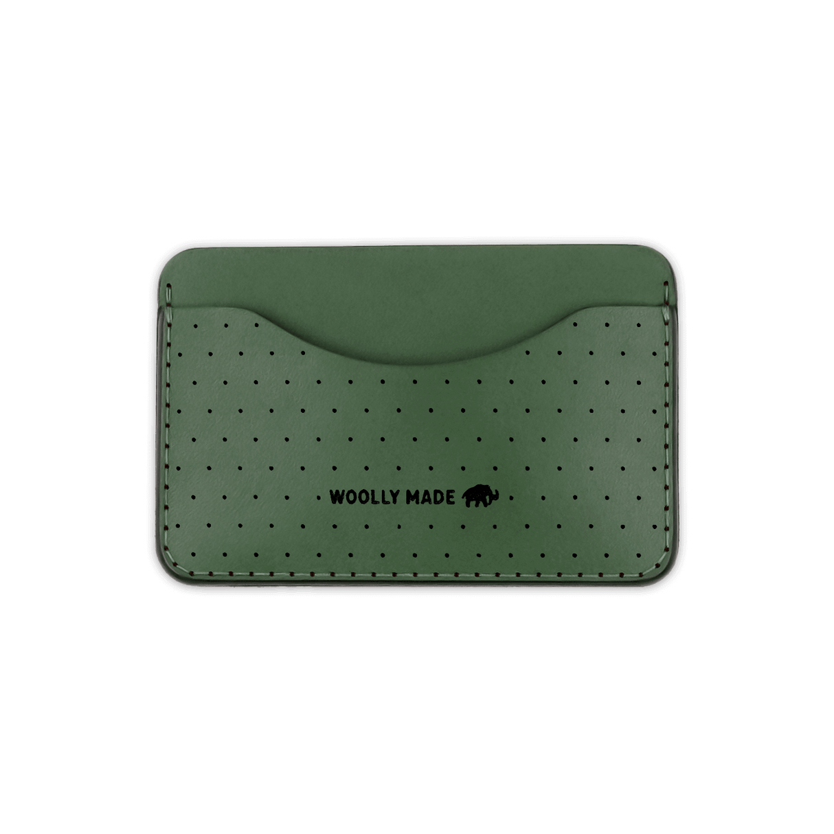 Green leather Slim Wallet with decorative perforation and etched Woolly Made logo.