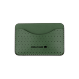 Green leather Slim Wallet with decorative perforation and etched Woolly Made logo.