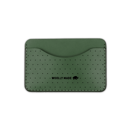 Green leather Slim Wallet with decorative perforation and etched Woolly Made logo.