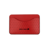 Red leather Slim Wallet with decorative perforation and etched Woolly Made logo.