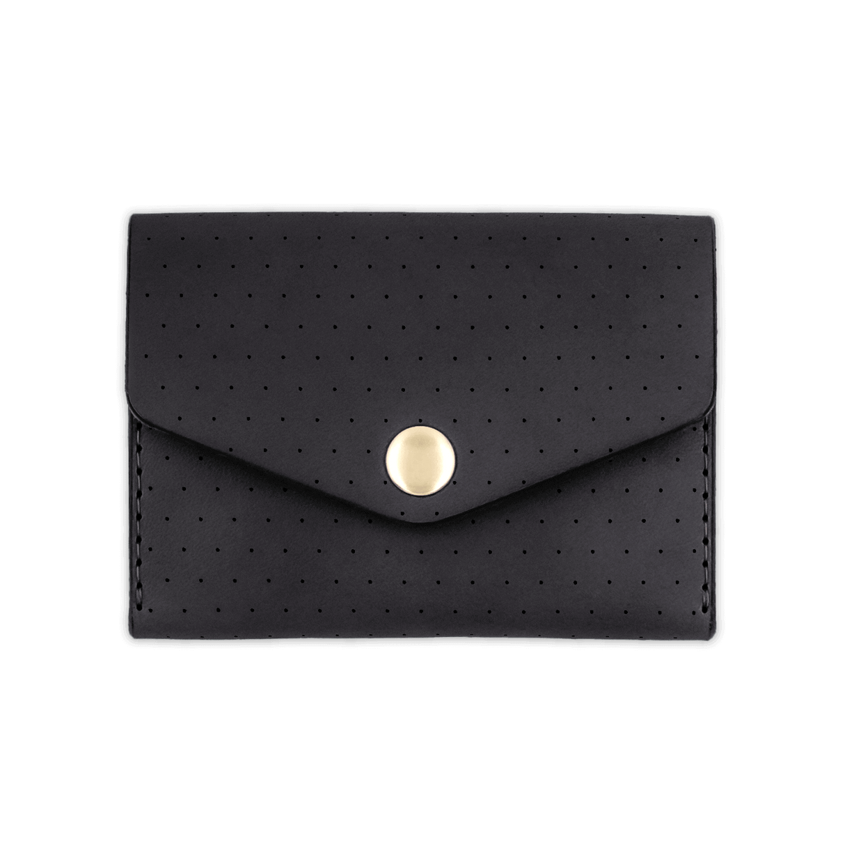 Black leather Snap Wallet with decorative perforation and brass hardware.