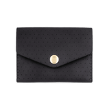 Black leather Snap Wallet with decorative perforation and brass hardware.