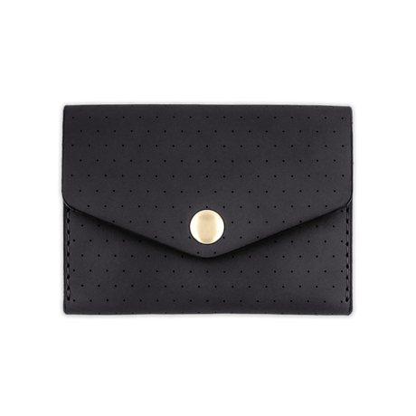 Black leather Snap Wallet with decorative perforation and brass hardware.