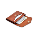 Brown leather Snap Wallet 3/4 angle, decorative perforation, white cards, $20 bill, brass hardware.