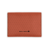 Brown leather Snap Wallet back view with decorative perforation and etched Woolly Made logo.