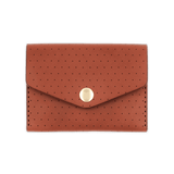 Brown leather Snap Wallet with decorative perforation and brass hardware.