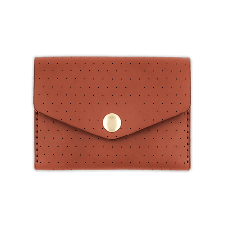 Brown leather Snap Wallet with decorative perforation and brass hardware.