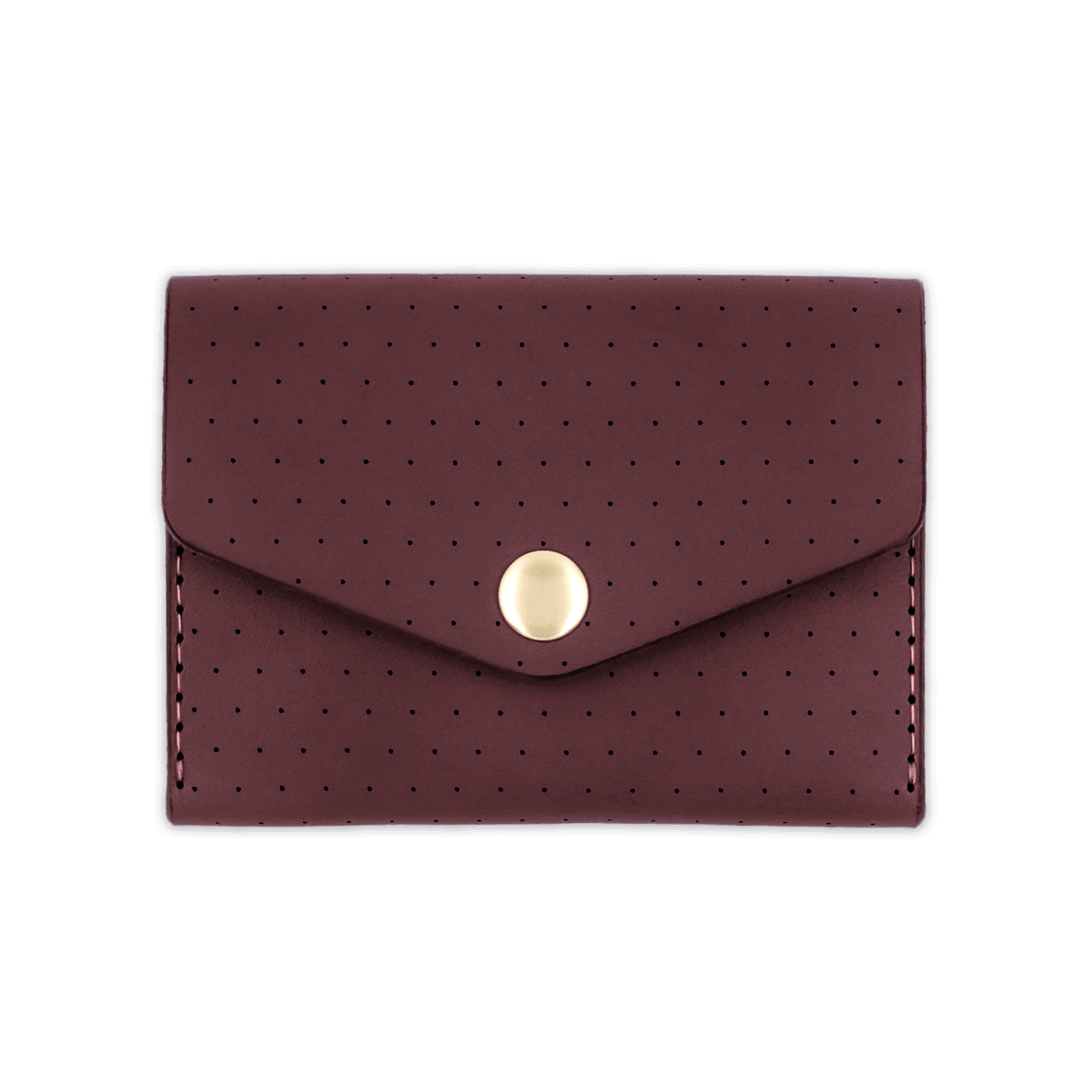 Burgundy leather Snap Wallet with decorative perforation and brass hardware.