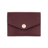 Burgundy leather Snap Wallet with decorative perforation and brass hardware.