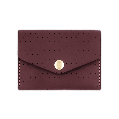 Burgundy leather Snap Wallet with decorative perforation and brass hardware.