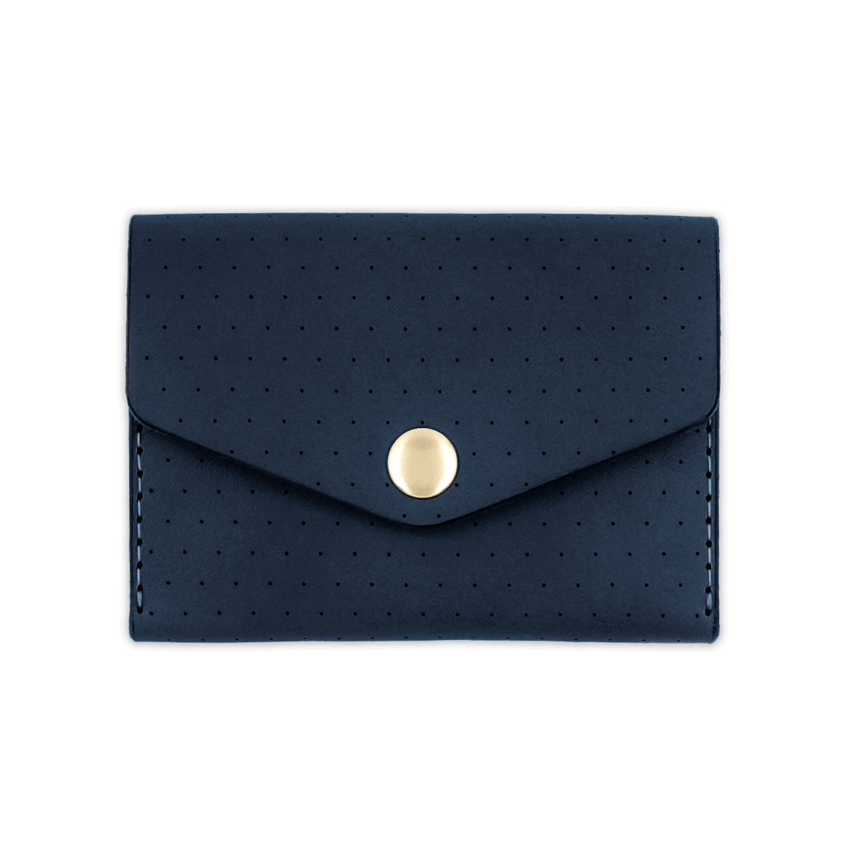 Navy leather Snap Wallet with decorative perforation and brass hardware.