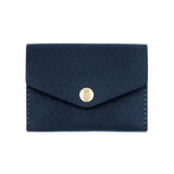 Navy leather Snap Wallet with decorative perforation and brass hardware.