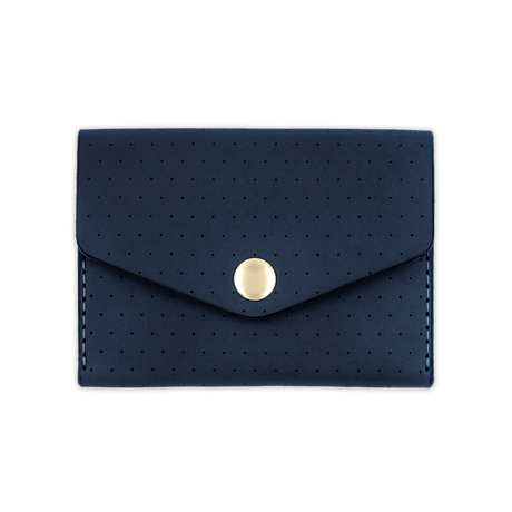 Navy leather Snap Wallet with decorative perforation and brass hardware.