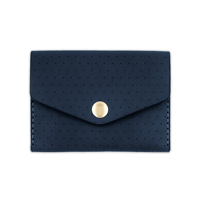 Navy leather Snap Wallet with decorative perforation and brass hardware.