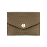 Olive leather Snap Wallet with decorative perforation and brass hardware.