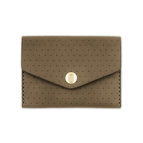 Olive leather Snap Wallet with decorative perforation and brass hardware.