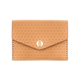 Tan leather Snap Wallet with decorative perforation and brass hardware.